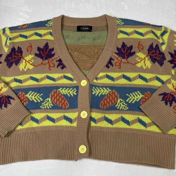 Cider Cardigan Sweater Size Medium Carmel Yellow Floral Cropped Knit - Picture 2 of 7